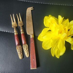 Vintage MCM Rosewood and Brass appetizer forks and butter knife Samran Thailand